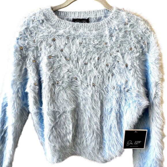 On 12th Blue Soft Fuzzy Pullover Sweater Rhinestones Beads Womens Small NEW - Picture 4 of 13